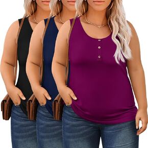 Evervibe 3 Pack Plus Size Tops for Women Casual Crew Neck Sleeveless Henley Tank Tops Loose Fit Buttons Tunics Shirts, 1X-5X
