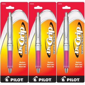 Pilot Dr. Grip Center of Gravity Retractable Ball Point Pen, Medium Point, Black Ink, Pack of 3 (Pink)