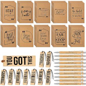 Fulmoon 90 Pcs Inspirational Journals Bookmarks Pen Gifts Set Motivational Kraft Notepads Motivational Bamboo Ballpoint Pens Wood Bookmarks Bulk Team Gifts for Employees Surgical Tech Nurse