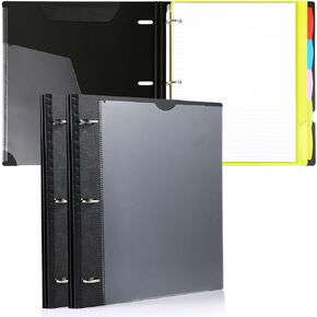 All-in-one Telescoping Binder Notebook 2PCS, Refillable 3 Ring Binder with Clear Front Cover+Catalog Pocket+5 Subject Dividers+1 Movable Pocket Folder+60 Sheets Notepaper, Black