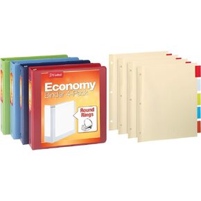 Cardinal 3 Ring Binder Economy Pack, Binders for School and Office, 4 Sets of Binder Dividers, Durable 1.5 Inch, Holds 350 Sheets, ClearVue Binder, Non-Stick, Assorted Colors, 4 Pack (79551)