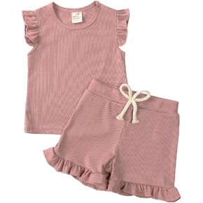 POPOLAR Toddler Baby Girls Summer Outfits Ribbed Knit Ruffle Short Sleeves and Short Pants 2Pcs Clothes Set