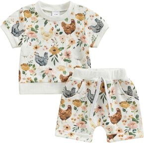 Toddler Baby Girl Boy Farm Outfit Flower Chicken Short Sleeve T-Shirt Top Shorts Set Outfits 2Pcs Summer Clothes