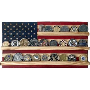 Flags of Valor American Flag Challenge Coin Display, Holds 100 Military Coins, Military Coin Holder Wall Decor Made in USA by Veterans, Ready to Hang US Flag Patriotic Art (Large, 19" H x 36" W)