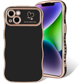 Compatible for iPhone 13 Case Electroplating Love Heart Wave Bumper Aesthetic Pattern Luxury Design Lens Camera Protection Soft Phone Case - Rose Red