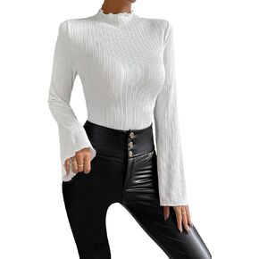 SweatyRocks Women's Lettuce Trim Long Bell Sleeve Mock Neck Slim Fit T Shirt Bodysuit Tops