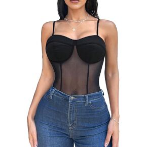 Milumia Women's Mesh Sheer Bustier Cami Top Spaghetti Strap Bodysuit Jumpsuit Club Tops in Saudi Arabia
