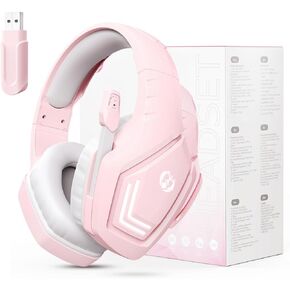 2.4GHz Wireless Gaming Headset with Microphone for Work, PS4, PC, Laptop, Mobile Phone, Over Ear Gamer Headphones with Mic, LED Light, Bass Surround Sound, Soft Ear pads, for Girls and Women (Pink)
