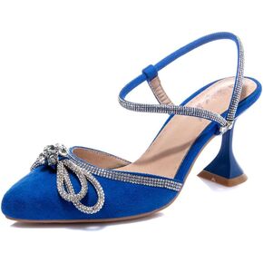 Joojaky Women's Rhinestone Kitten Heel Party Pumps Pointed Toe Bow Heeled Shoes