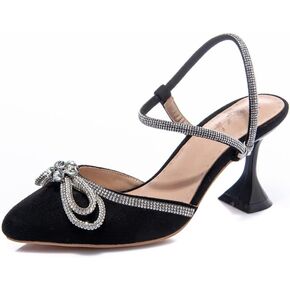 Joojaky Women's Rhinestone Kitten Heel Party Pumps Pointed Toe Bow Heeled Shoes