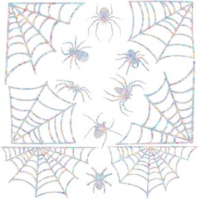 12 Pcs Spider Web and Spider Window Clings - Anti-Collision Window Decals to Save Birds from Window Collisions,Non Adhesive Prismatic Window Clings, Rainbow Stickers