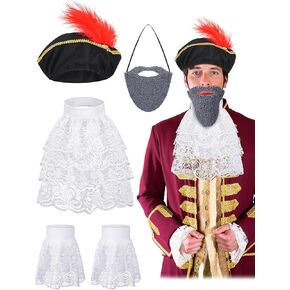 5 Pcs Renaissance Costume Accessories Set Men Medieval Renaissance Hat with Fake Beards Victorian White Lace Jabot Collar and Hand Sleeves Colonial Costume for Halloween Cosplay Party in Kuwait