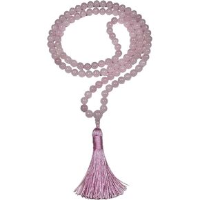 Crystal Mala Beads Necklace Reiki Healing Gem Stones Blessed & Energized Handmade 108 Buddhist Prayer Beads Buddha Beaded Necklaces Yoga Meditation Jewelry - w/ Velvet Pouch ( Rose Quartz, 8 mm )