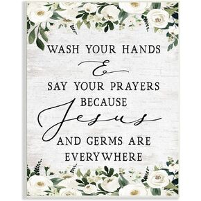Stupell Industries Wash Hands Say Prayers Jesus Germs Everywhere Phrase Wall Plaque, 10 x 15, Off- White