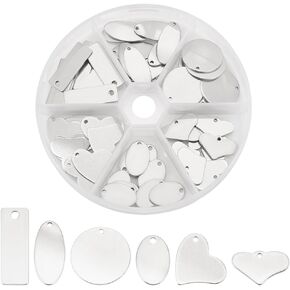 PH PandaHall 304 Stainless Steel Stamping Charms 60pcs Stamping Tag Pendants Stamping Blank Tags 6 Style Stamping Blank Tags Heart Round Metal Tag for Bracelet Necklace Jewelry DIY Craft Gift Making