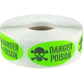 Fluorescent Green with Black Danger Poison Medical Healthcare Oval Shaped Stickers, 2 x 1 Inch in Size, 500 Labels on a Roll
