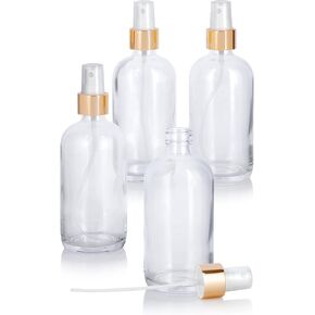 JUVITUS 8 oz Clear Boston Round Thick Plated Glass Bottle with (4 pack, Gold Fine Mist Sprayer)