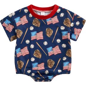 Newborn Baby Boy Girl Baseball Romper Flag Print Short Sleeve Bubble oversized Bodysuit Infant 4th of July Clothes