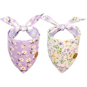 CROWNED BEAUTY Spring Dog Bandanas Reversible Large 2 Pack, Purple Petals Set, Floral Daisy Plaid Adjustable Triangle Holiday Scarves for Medium Large Extra Large Dogs Pets DB106-L