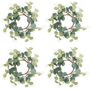 ZHDOKA 4pcs Pillar Candle Rings Wreaths, Artificial Eucalyptus Leaves Mini Wreaths Greenery Boho Candleholders, Rustic Farmhouse Decorative Wreath for Easter Christmas Wedding Home Table Decor(Green)