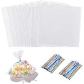 200 PCS Transparent Clear Cellophane Bags 6x9 Inches, Clear Treat Bags with Ties for Cookie Bags Resealable Cellophane Bag for Packaging Cookies,Gifts,Products,Candy,Favors