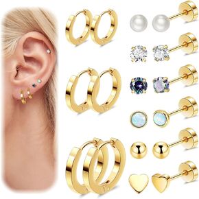 9 Pairs 20G Surgical Steel Earrings for Women Men Cartilage Earrings Hoop Stud Hypoallergenic Small Huggie Hoop Earrings Ball Opal CZ Flat Back Stud Earrings for Cartilage Helix Lobe
