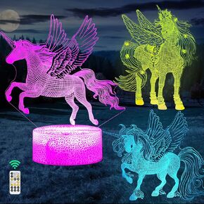 3D Unicorn Night Light for Girls Room, 3-Patterns and Timing Function, 7 Color Changes and Remote Control, Illusion LED Night Lamp Toys Gifts for Girls Kids 3 4 5 6 7 8 9 Years