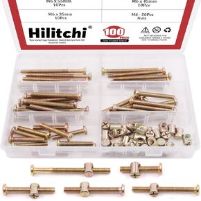 Hilitchi 100-Pcs M6 Zinc Plated Crib Screws Hex Drive Socket Cap Furniture Barrel Screws Bolt Nuts Assortment Kit for Furniture Cots Beds Crib and Chairs (15mm/20mm/25mm/30mm/35mm-Assortment Kit)