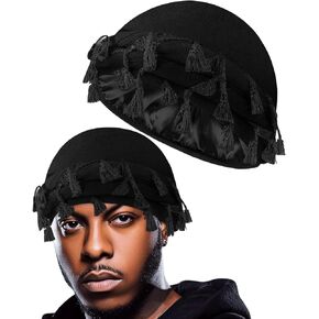 BEACE Tassels Silk Satin Lined Pre-Tied Turban Durag Head Wrap for Men & Women, Halo Turban Skull Cap Bonnet for Sleeping