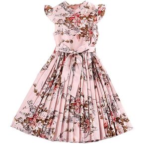 YIJODM Girl Ruffle Sleeve Floral Dress Casual Pleated Casual A-line Swing Dresses