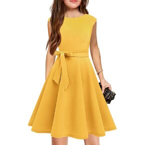 WIFFGO Girls Crew Neck Dresses Short Sleeve Midi Knee Belt Pleated Modest Big Kids A-Line Flowy Dresses for Girls