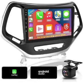 2+64G Android 13 Car Radio for Jeep Cherokee 2013-2018, Wireless Carplay and Android Auto, 10.1 inch Touch Screen Headunit with HiFi/GPS/WiFi/SWC + AHD Rearview Camera
