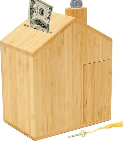 صندوق توفير المال الخشبي من SAMEBUTECO Piggy Bank كبير من الخيزران للأطفال والكبار، مفتاح مفتوح لإخراج الأموال ومفتاح مغلق للأمان (الخيزران، 7 بوصات) in Kuwait