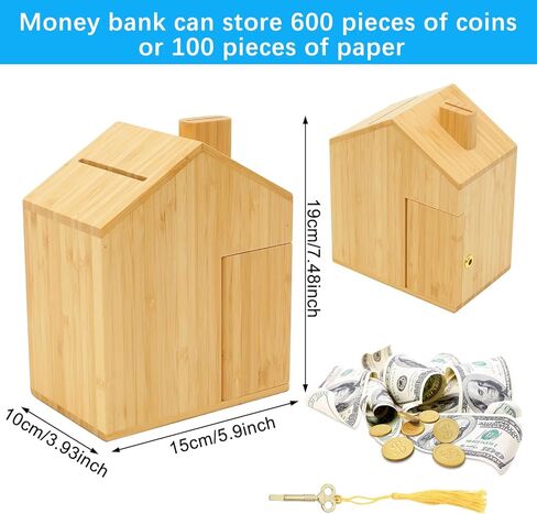 صندوق توفير المال الخشبي من SAMEBUTECO Piggy Bank كبير من الخيزران للأطفال والكبار، مفتاح مفتوح لإخراج الأموال ومفتاح مغلق للأمان (الخيزران، 7 بوصات) in Kuwait