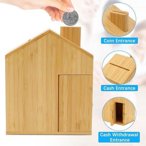 صندوق توفير المال الخشبي من SAMEBUTECO Piggy Bank كبير من الخيزران للأطفال والكبار، مفتاح مفتوح لإخراج الأموال ومفتاح مغلق للأمان (الخيزران، 7 بوصات) in Kuwait