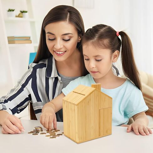 صندوق توفير المال الخشبي من SAMEBUTECO Piggy Bank كبير من الخيزران للأطفال والكبار، مفتاح مفتوح لإخراج الأموال ومفتاح مغلق للأمان (الخيزران، 7 بوصات) in Kuwait