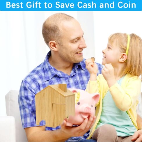 صندوق توفير المال الخشبي من SAMEBUTECO Piggy Bank كبير من الخيزران للأطفال والكبار، مفتاح مفتوح لإخراج الأموال ومفتاح مغلق للأمان (الخيزران، 7 بوصات) in Kuwait