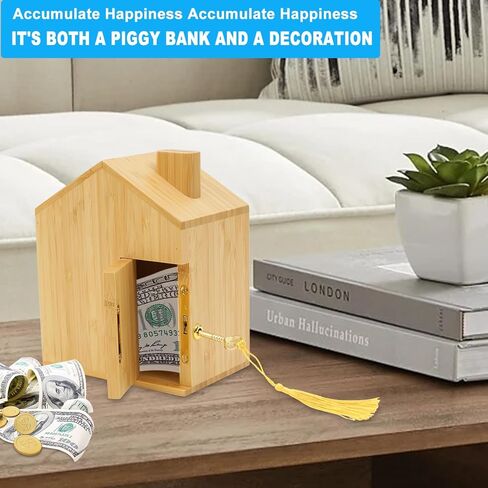 صندوق توفير المال الخشبي من SAMEBUTECO Piggy Bank كبير من الخيزران للأطفال والكبار، مفتاح مفتوح لإخراج الأموال ومفتاح مغلق للأمان (الخيزران، 7 بوصات) in Kuwait