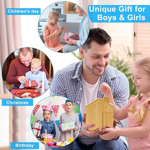 صندوق توفير المال الخشبي من SAMEBUTECO Piggy Bank كبير من الخيزران للأطفال والكبار، مفتاح مفتوح لإخراج الأموال ومفتاح مغلق للأمان (الخيزران، 7 بوصات) in Kuwait