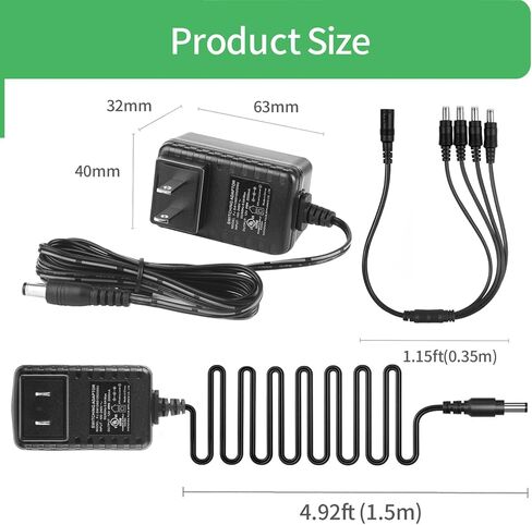 Security-01 [UL Listed FCC] 2 حزمة DC 12V 2A محول إمداد الطاقة 5.5 مم × 2.1 مم، لشريط إضاءة LED لكاميرا CCTV 12 فولت، سلك 1.5 متر in Saudi Arabia