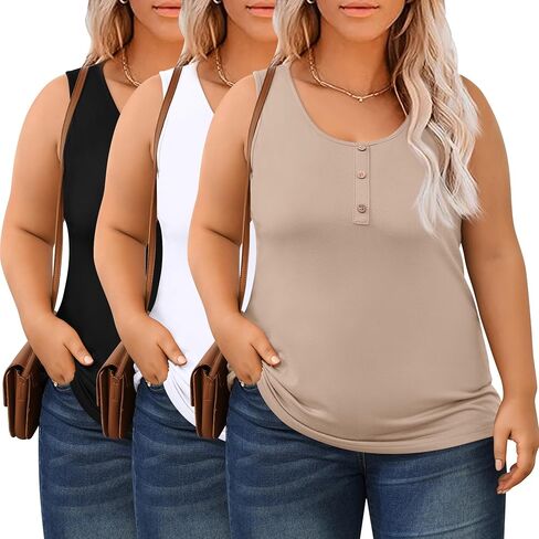 Evervibe 3 Pack Plus Size Tops for Women Casual Crew Neck Sleeveless Henley Tank Tops Loose Fit Buttons Tunics Shirts, 1X-5X in Saudi Arabia