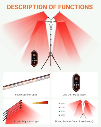 مصباح العلاج بالضوء الأحمر 72 وات من NIVIOP، علاج بالضوء الأحمر مع حامل، ضوء أحمر 660 نانومتر 850 نانومتر بالقرب من جهاز العلاج بالأشعة تحت الحمراء، مع 5 أوضاع، نبض، إعداد الوقت للجسم والوجه in Kuwait