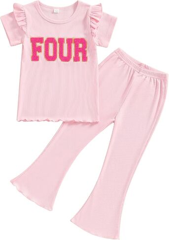 Muasaaluxi Toddler Baby Girl Birthday One/Two/Three/Four Embroidery Ruffle T-shirt Flared Pants 2Pcs Summer Outfit 1-5T in Saudi Arabia