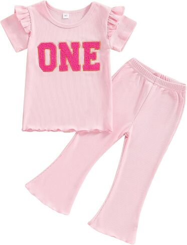 Muasaaluxi Toddler Baby Girl Birthday One/Two/Three/Four Embroidery Ruffle T-shirt Flared Pants 2Pcs Summer Outfit 1-5T in Saudi Arabia