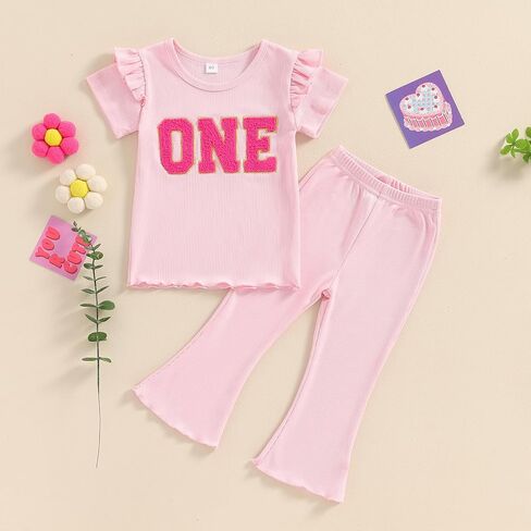 Muasaaluxi Toddler Baby Girl Birthday One/Two/Three/Four Embroidery Ruffle T-shirt Flared Pants 2Pcs Summer Outfit 1-5T in Saudi Arabia