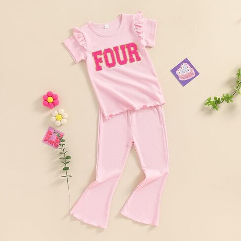 Muasaaluxi Toddler Baby Girl Birthday One/Two/Three/Four Embroidery Ruffle T-shirt Flared Pants 2Pcs Summer Outfit 1-5T in Saudi Arabia