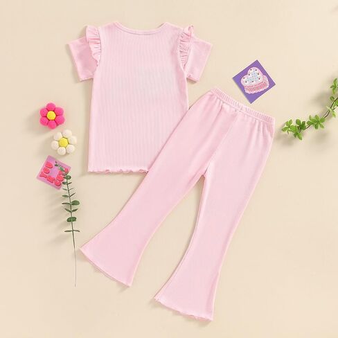 Muasaaluxi Toddler Baby Girl Birthday One/Two/Three/Four Embroidery Ruffle T-shirt Flared Pants 2Pcs Summer Outfit 1-5T in Saudi Arabia