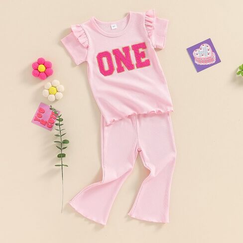 Muasaaluxi Toddler Baby Girl Birthday One/Two/Three/Four Embroidery Ruffle T-shirt Flared Pants 2Pcs Summer Outfit 1-5T in Saudi Arabia