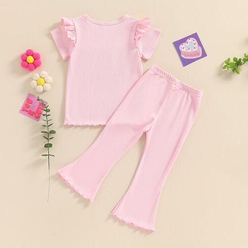 Muasaaluxi Toddler Baby Girl Birthday One/Two/Three/Four Embroidery Ruffle T-shirt Flared Pants 2Pcs Summer Outfit 1-5T in Saudi Arabia