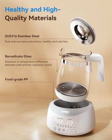 Electric Tea Kettle Temperature Control, Instant Baby Bottle Warmer, 1.2 Liter,Fast Boiling, BPA Free, Auto-Shutoff and Boil-Dry Protection, Stainless Steel, Borosilicate Glass (White) in Kuwait